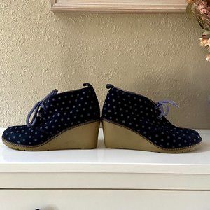 Boden navy polka dot suede wedge booties size 39
